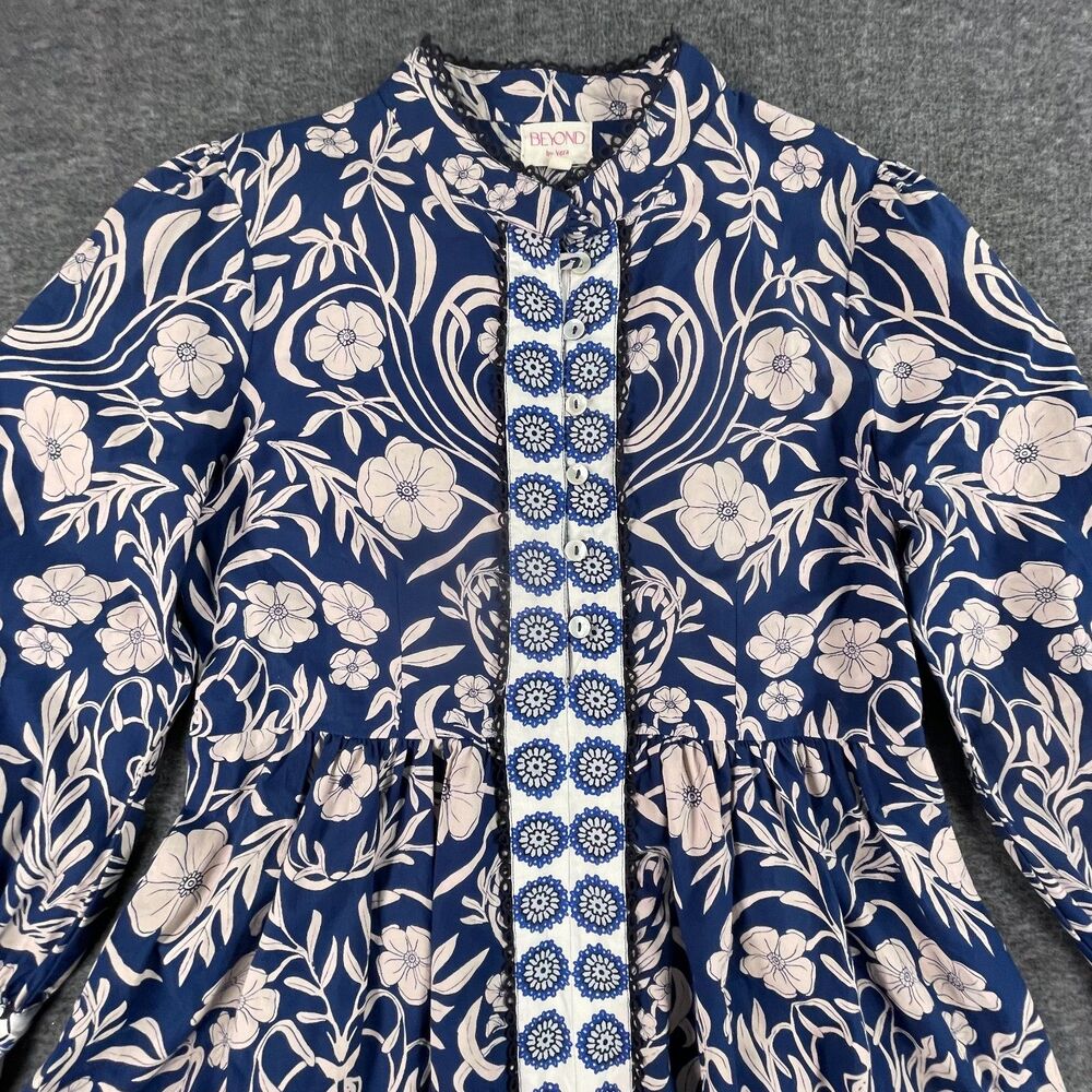 Beyond by Vera Nella Blue Ivory Floral Cotton Mini Dress S Resort Coastal Artsy - Picture 12 of 14